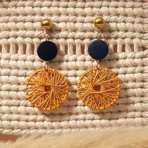 Boho Chic Handwoven Spiral Navy Wood Gold Dangle Earrings Handmade Jewelry
